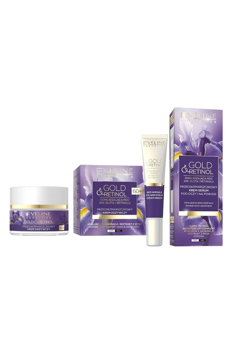 Eveline Cosmetics Set Crema-concentrat impotriva ridurilor adanci Gold And Retinol 60 + 50 ml Crema ser antirid pentru zona ochilor Gold And Retinol 20 ml - Pled.ro