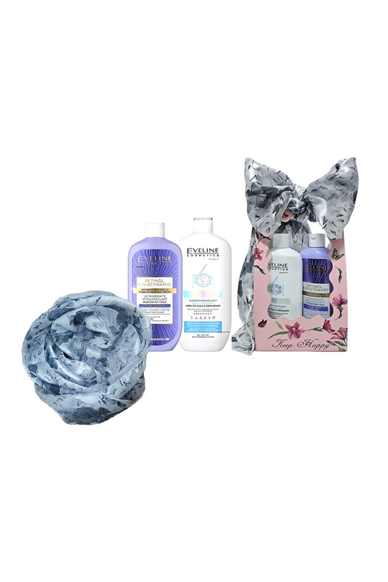 Eveline Cosmetics Set Crema de corp hidratanta pentru pielea uscata sau foarte uscata 6 Ceramides 350 ml + Lapte de corp netezitor ultra-bogat Retinol & Niacynamid 350 ml + Esarfa matase - Pled.ro