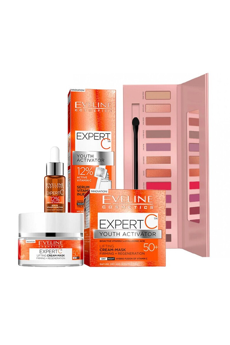 Eveline Cosmetics Set Eveline Expert C Ser de noapte Expert C 18 ml Crema de fata Expert C Youth Activator 50+ 50 ml Paleta de farduri Angel Dream 12 g - Pled.ro