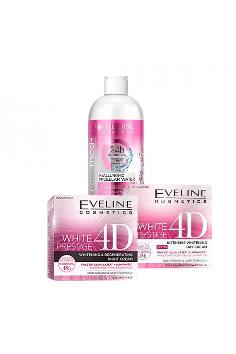 Eveline Cosmetics Set Eveline White Prestige 4D Crema de zi White Prestige 4D 50 ml Crema de noapte White Prestige 4D 50 ml Apa micelara Hyaluronic 3 in 1 400 ml - Pled.ro