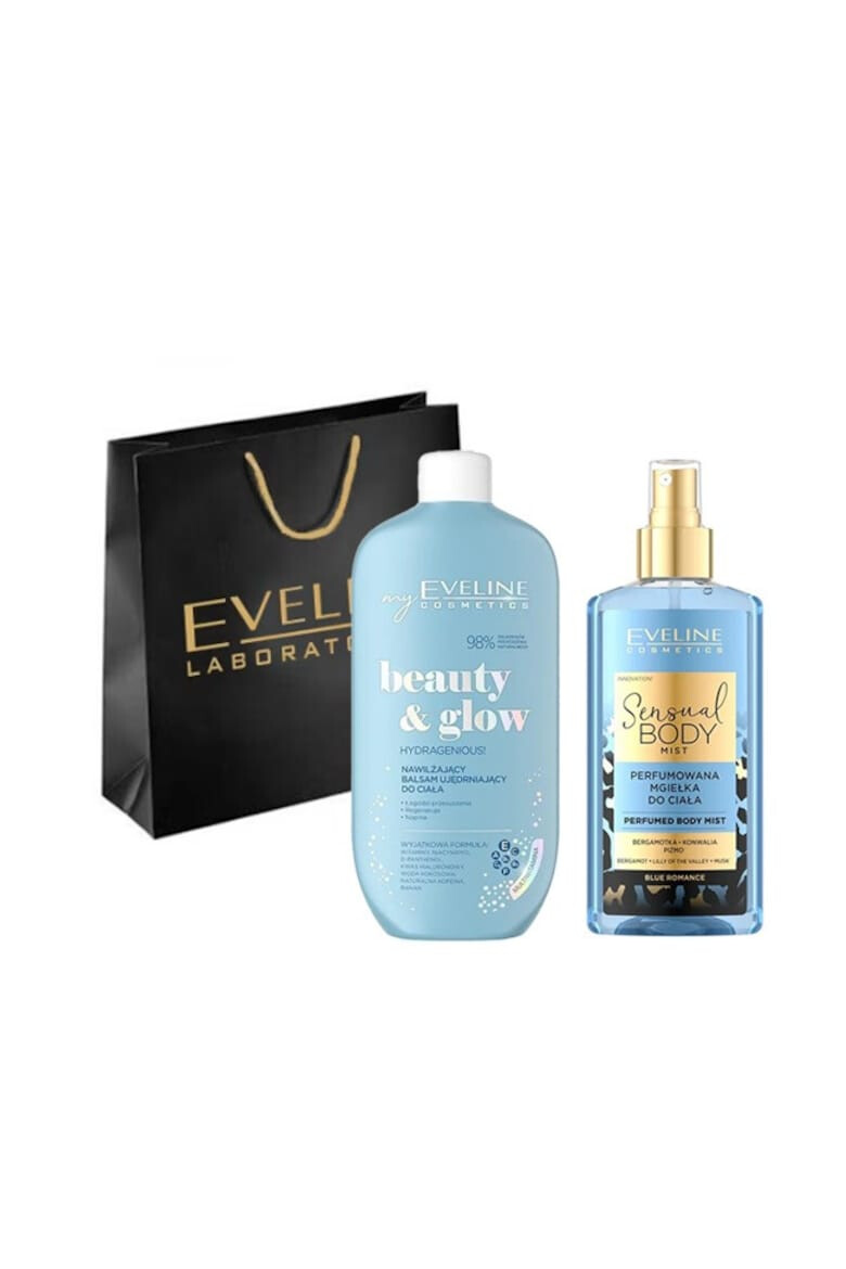 Eveline Cosmetics Set ingrijire corp Spray de corp Blue Romance Sensual Body Spray 150 ml + Balsam hidratant pentru corp Hydragenious 350 ml - Pled.ro