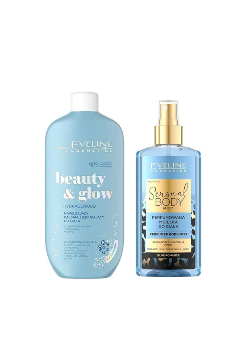 Eveline Cosmetics Set ingrijire corp Spray de corp Blue Romance Sensual Body Spray 150 ml + Balsam hidratant pentru corp Hydragenious 350 ml - Pled.ro