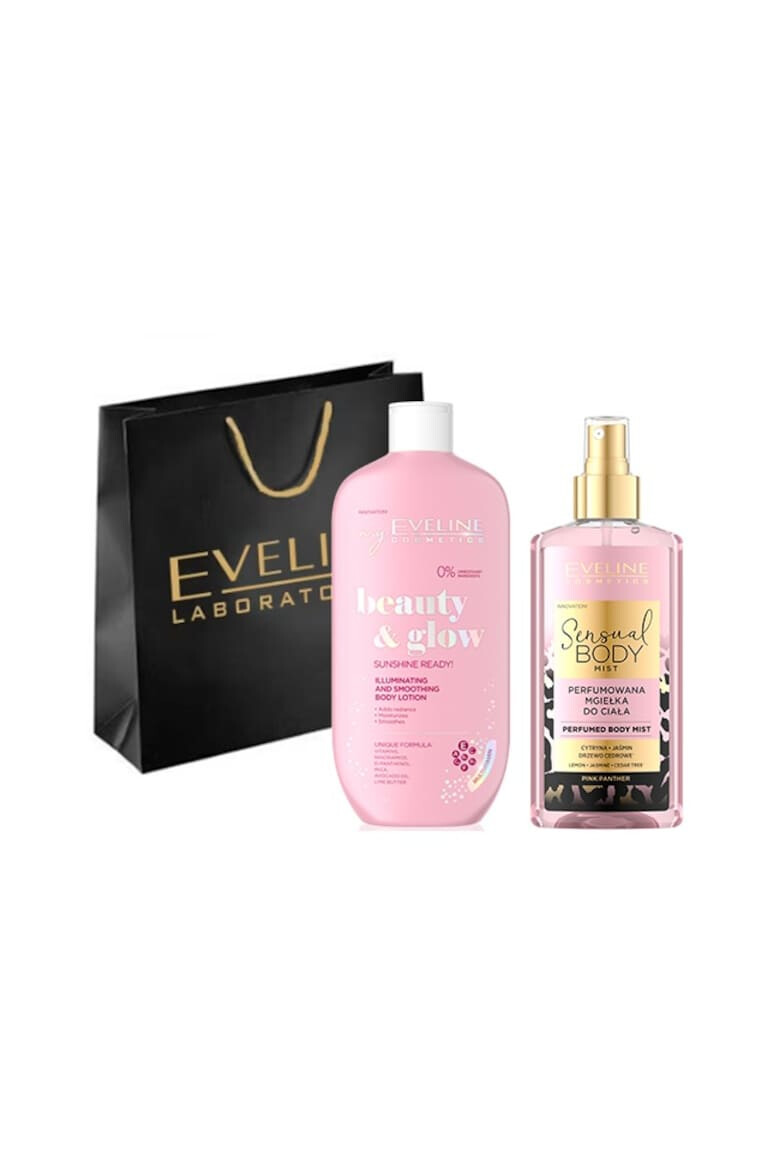 Eveline Cosmetics Set ingrijire corp Spray de corp Pink Panther Sensual Body Spray 150 ml + Balsam hidratant pentru corp Sunshine Ready! 350 ml - Pled.ro