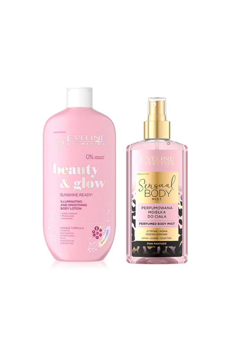 Eveline Cosmetics Set ingrijire corp Spray de corp Pink Panther Sensual Body Spray 150 ml + Balsam hidratant pentru corp Sunshine Ready! 350 ml - Pled.ro