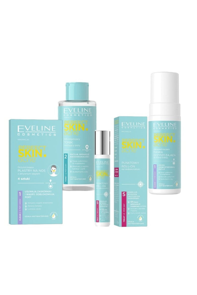 Eveline Cosmetics Set Perfect Skin.acne Solutie pentru eliminarea imperfectiunilor roll-on 15 ml Tonic seboreglator 200 ml Spuma de curatare faciala150 ml - Pled.ro