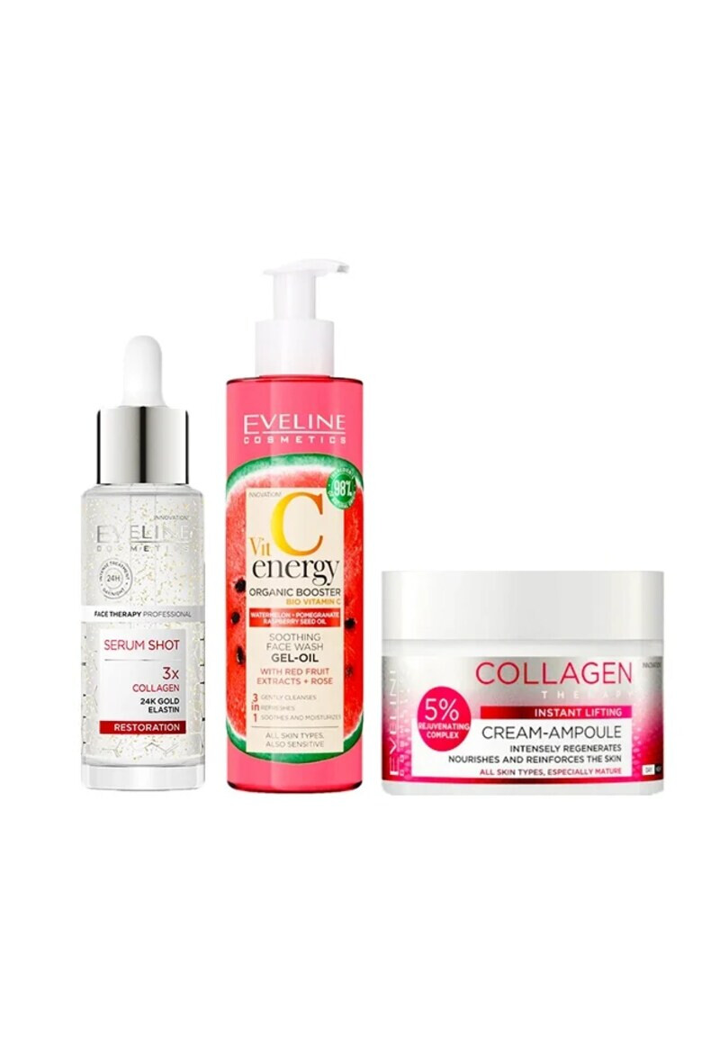 Eveline Cosmetics Set Vital C Collagen Lift Crema hranitoare pentru ten matur Collagen Therapy 50 ml + Gel demachiant pentru fata Extract de fructe rosii 200 ml + Ser de fata cu colagen Serum Shot 3X Colagen 24k Gold Elastin 30 ml - Pled.ro