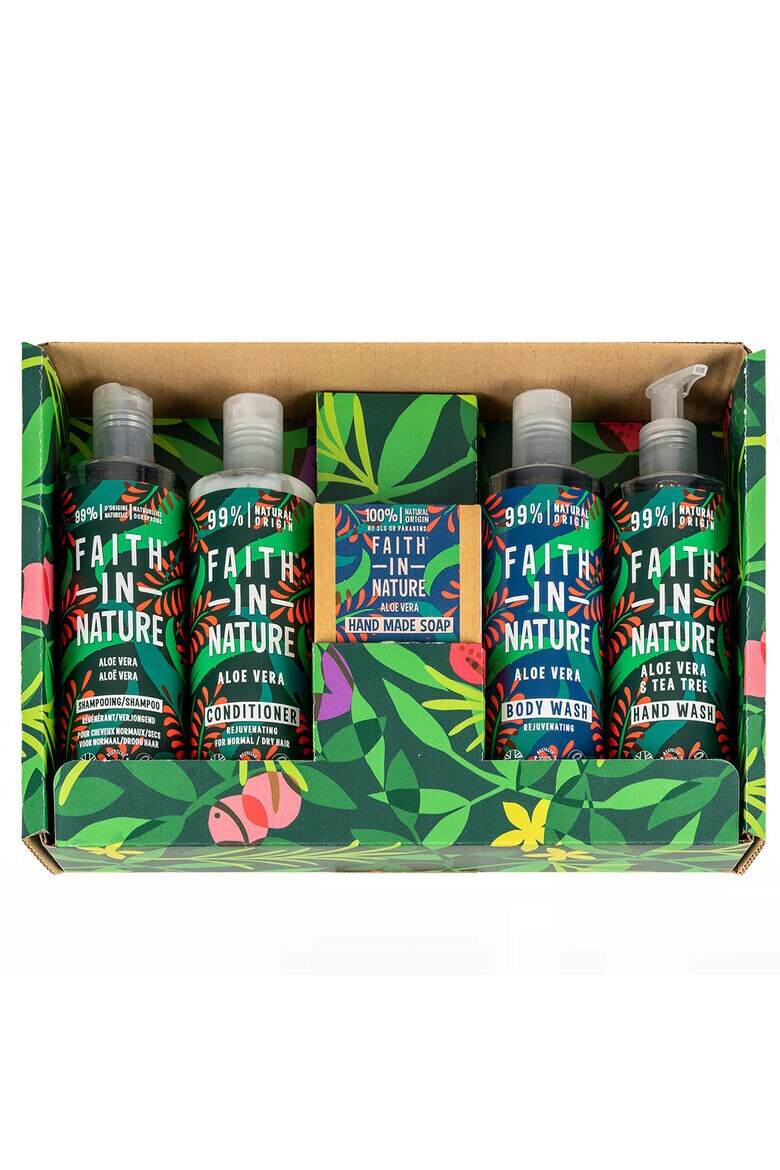 Faith in Nature Set ritual de ingrijire cu Aloe Vera: Sampon 400 ml + Balsam 400 ml + Gel de dus 400 ml + Sapun lichid 400 ml + Sapun sold 100 gr - Pled.ro