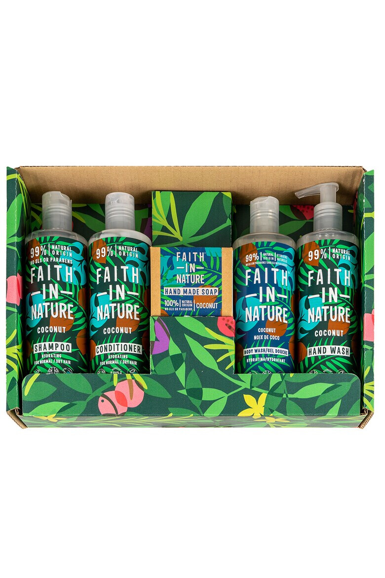 Faith in Nature Set ritual de ingrijire cu Cocos: Sampon 400 ml + Balsam 400 ml + Gel de dus 400 ml + Sapun lichid 400 ml + Sapun sold 100 gr - Pled.ro