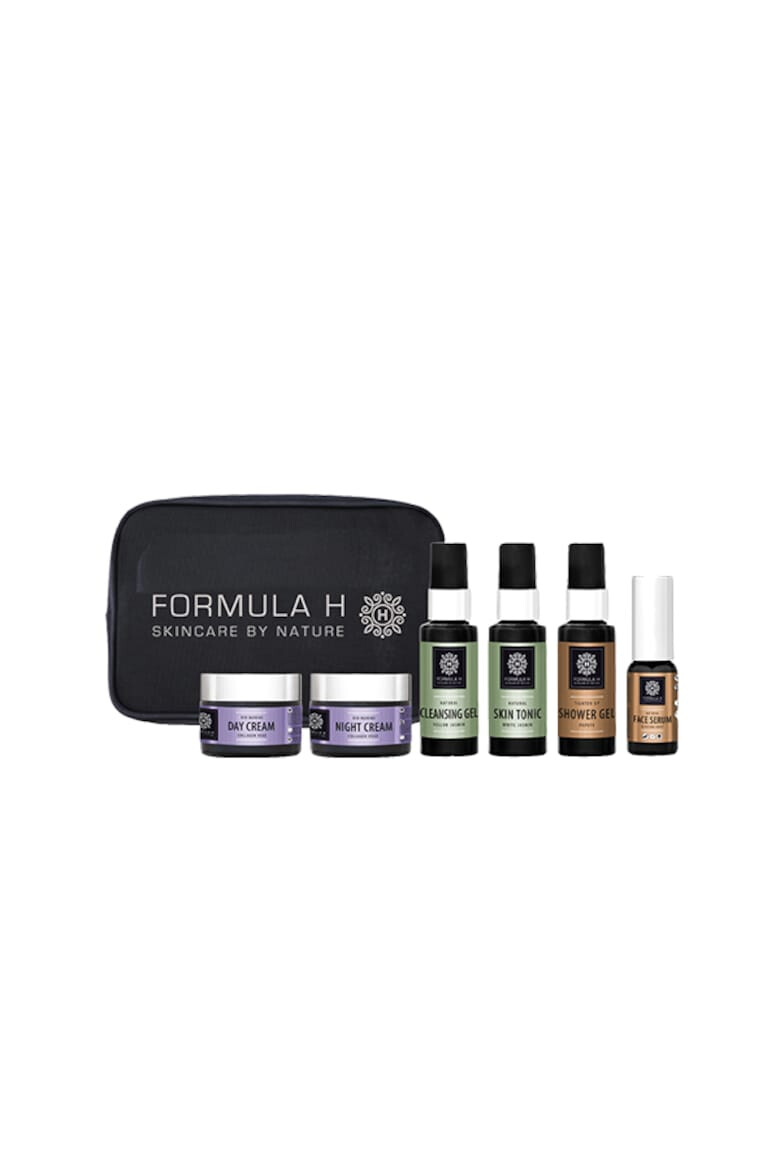 Formula H Set Travel Bag Gel curatare 50ml Lotiune tonica 50ml Ser pentru ten 10ml Crema de zi Collagen 10ml Crema de noapte Collagen 10ml Gel de dus 50ml - Pled.ro