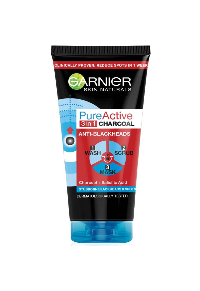 Garnier Gel de curatare pentru fata 3 în 1 Pure Active Intensive Charcoal pentru ten gras cu imperfectiuni 150 ml - Pled.ro