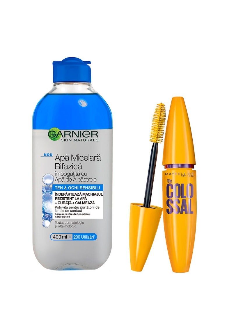 Garnier Set Apa micelara bifazica Skin Naturals pentru ten sensibil 400 ml + Mascara Maybelline New York Volum' Express The Colossal Black 10.7 ml - Pled.ro