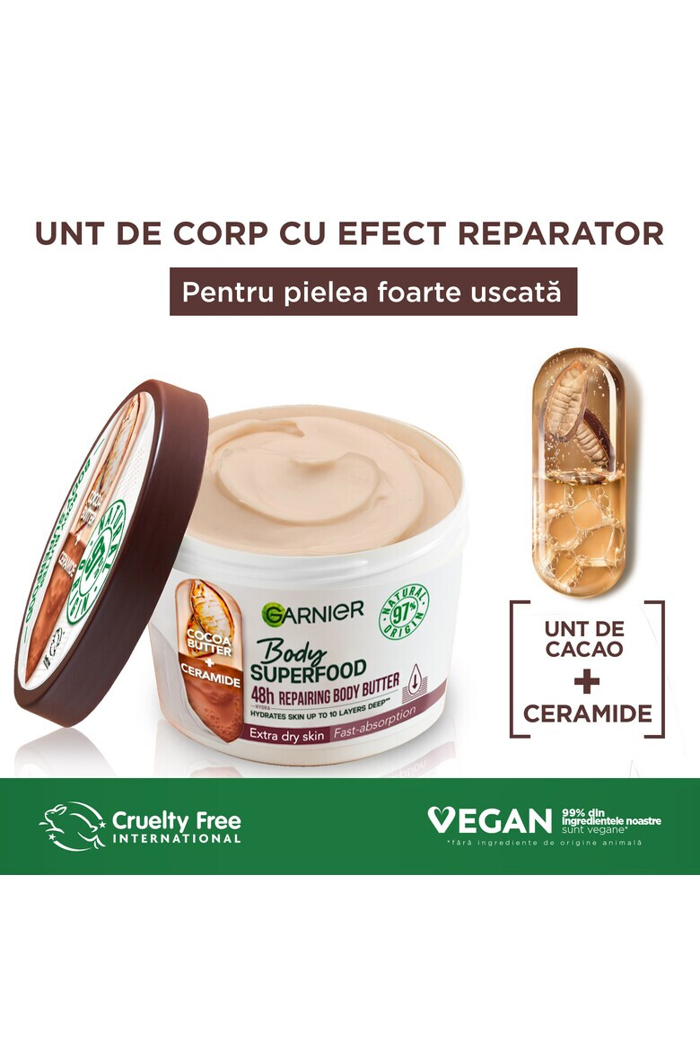 Garnier Unt de corp cu efect reparator si absorbtie rapida Body Superfood Cacao 380 ml - Pled.ro