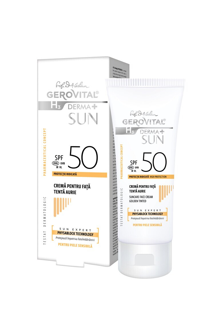 Gerovital Crema pentru fata H3 Derma+ Sun cu SPF 50 tenta aurie 50 ml - Pled.ro