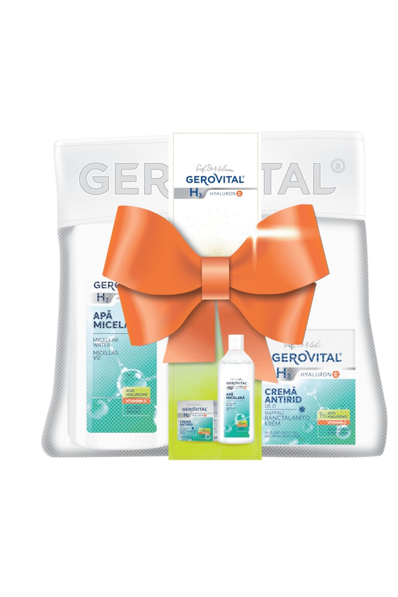 Gerovital Pachet cadou H3 Hyaluron C: Apa micelara 400 ml + Crema antirid de zi 50 ml + borseta - Pled.ro