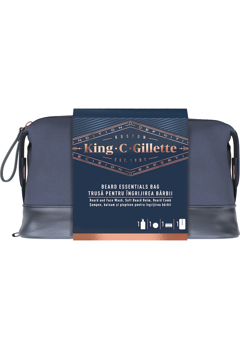 Gillette Set Cadou King C. produse esentiale pentru barba: Gel pentru curatarea fetei si a barbii 350 ml + Balsam pentru barba 100 ml + Pieptene Premium pentru barba + Geanta cosmetice - Pled.ro