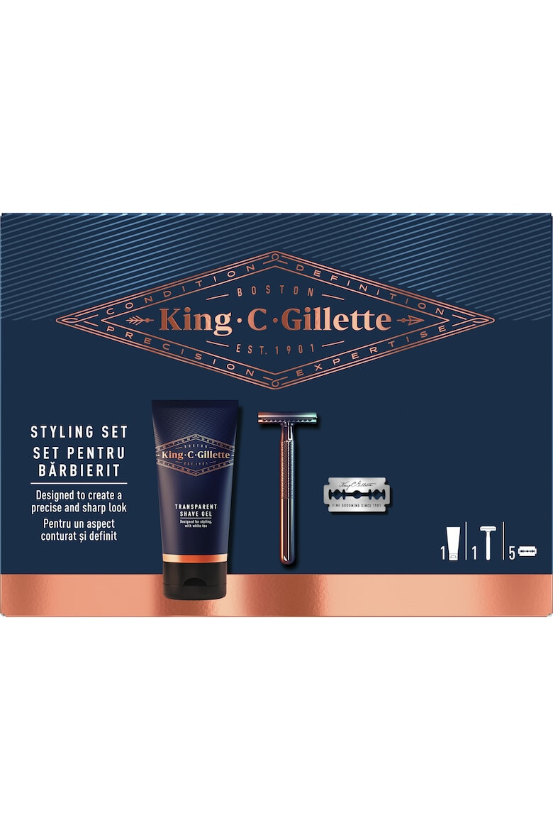 Gillette Set Cadou pentru stilizare King C. : Aparat de ras cu margine dubla + 5 Lame de rezerva + Gel de ras transparent 150 ml - Pled.ro