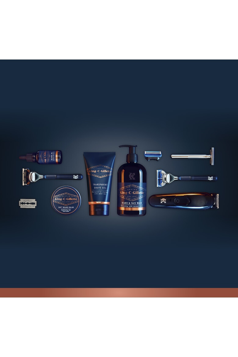 Gillette Set Cadou pentru stilizare King C. : Aparat de ras cu margine dubla + 5 Lame de rezerva + Gel de ras transparent 150 ml - Pled.ro