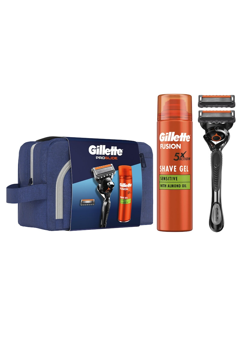 Gillette Set cadou Proglide: Aparat de ras + 1 Lama de rezerva + Gel de ras Fusion Ultra Sensitive 200 ml + Trusa de voiaj - Pled.ro