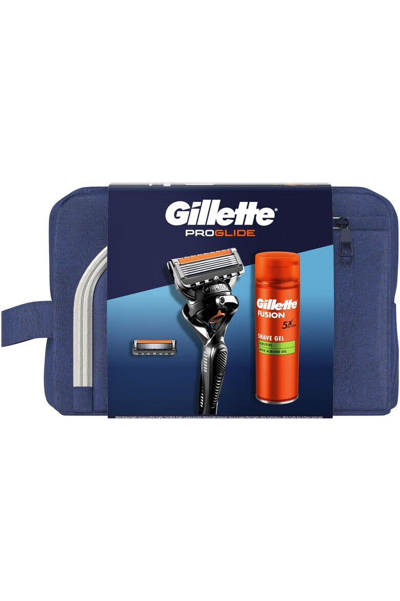 Gillette Set cadou Proglide: Aparat de ras + 1 Lama de rezerva + Gel de ras Fusion Ultra Sensitive 200 ml + Trusa de voiaj - Pled.ro