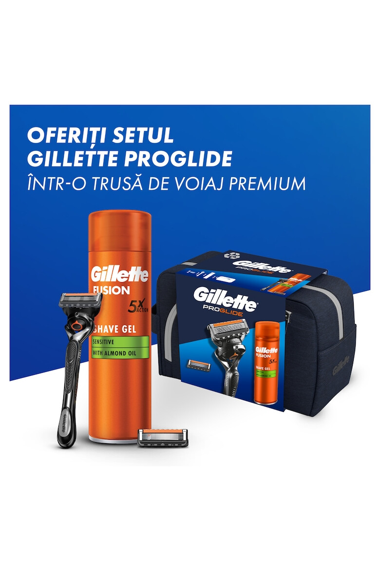 Gillette Set cadou Proglide: Aparat de ras + 1 Lama de rezerva + Gel de ras Fusion Ultra Sensitive 200 ml + Trusa de voiaj - Pled.ro