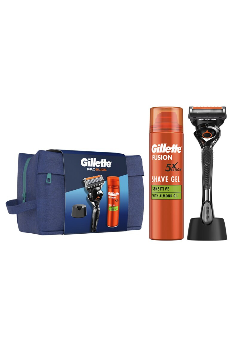 Gillette Set cadou Proglide: Aparat de ras + Gel de ras Fusion Ultra Sensitive 200 ml + Suport aparat de ras + Trusa de voiaj - Pled.ro