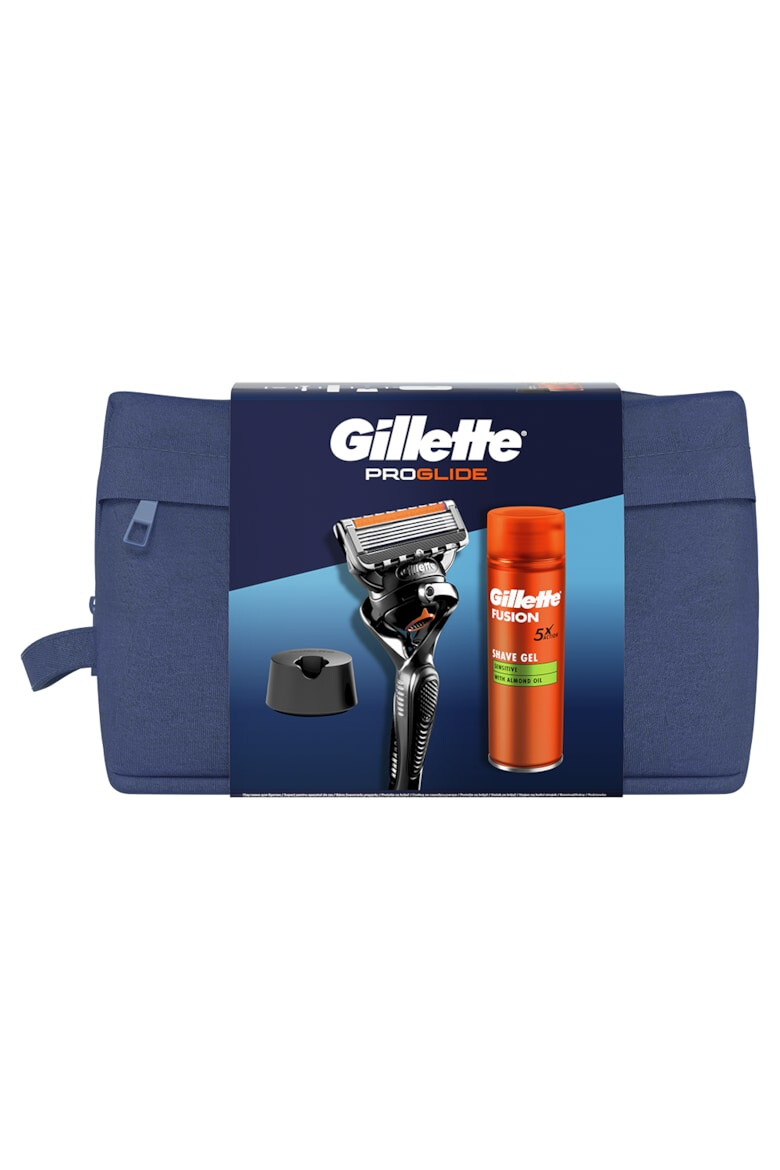 Gillette Set cadou Proglide: Aparat de ras + Gel de ras Fusion Ultra Sensitive 200 ml + Suport aparat de ras + Trusa de voiaj - Pled.ro