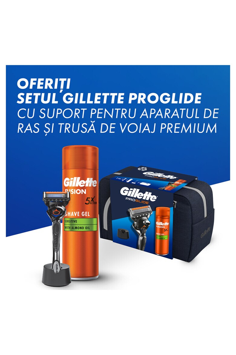 Gillette Set cadou Proglide: Aparat de ras + Gel de ras Fusion Ultra Sensitive 200 ml + Suport aparat de ras + Trusa de voiaj - Pled.ro