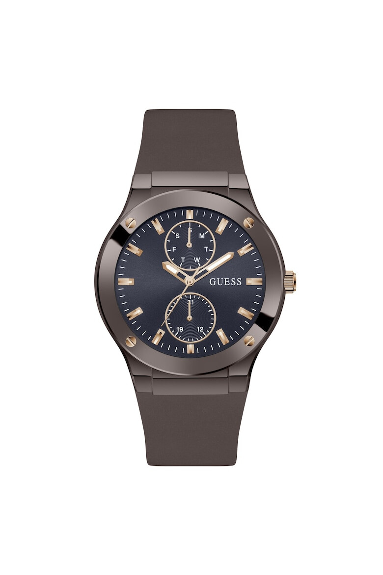 GUESS Ceas barbatesc JET Quartz cadran Navy curea silicon maro ciocolatiu 45mm - Pled.ro