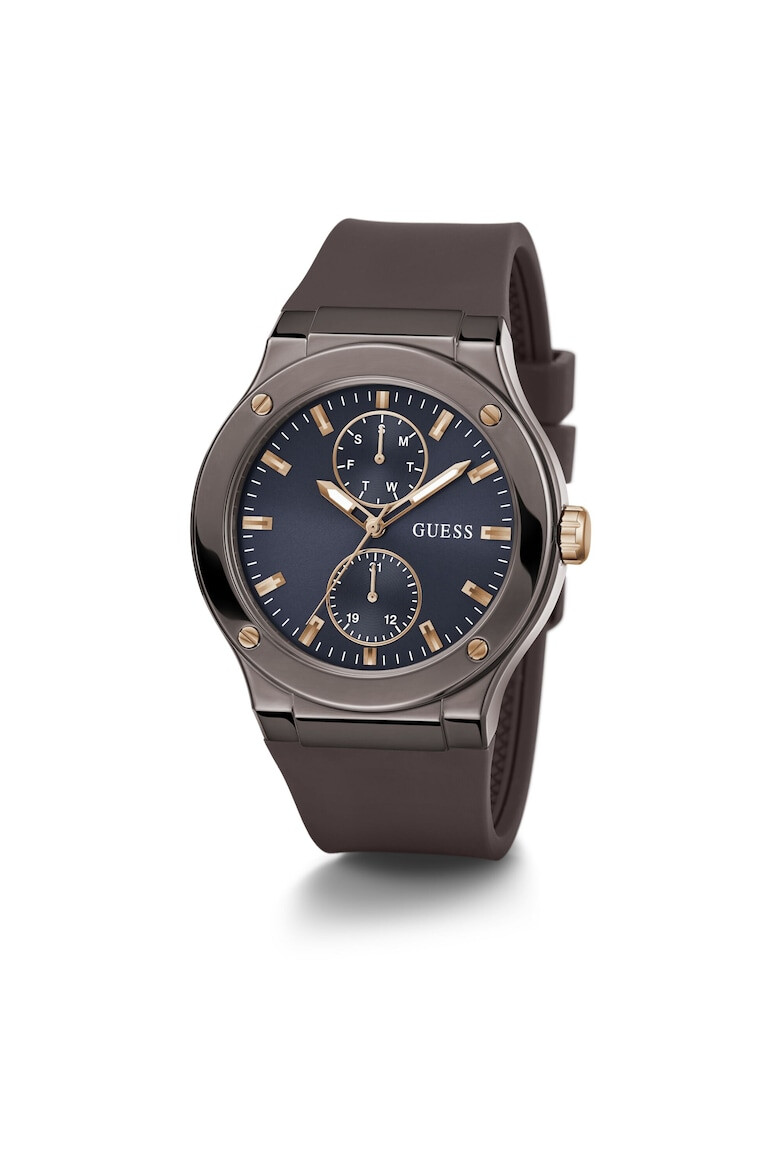 GUESS Ceas barbatesc JET Quartz cadran Navy curea silicon maro ciocolatiu 45mm - Pled.ro