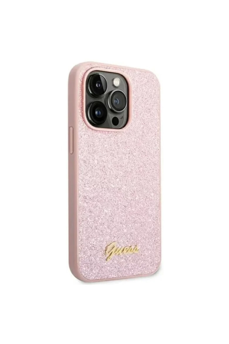 Guess Husa de protectie PC/TPU Glitter Flakes Metal Logo pentru iPhone 14 Pro Roz - Pled.ro