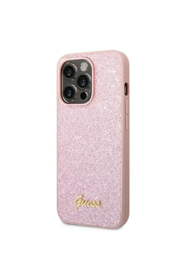 Guess Husa de protectie PC/TPU Glitter Flakes Metal Logo pentru iPhone 14 Pro Roz - Pled.ro