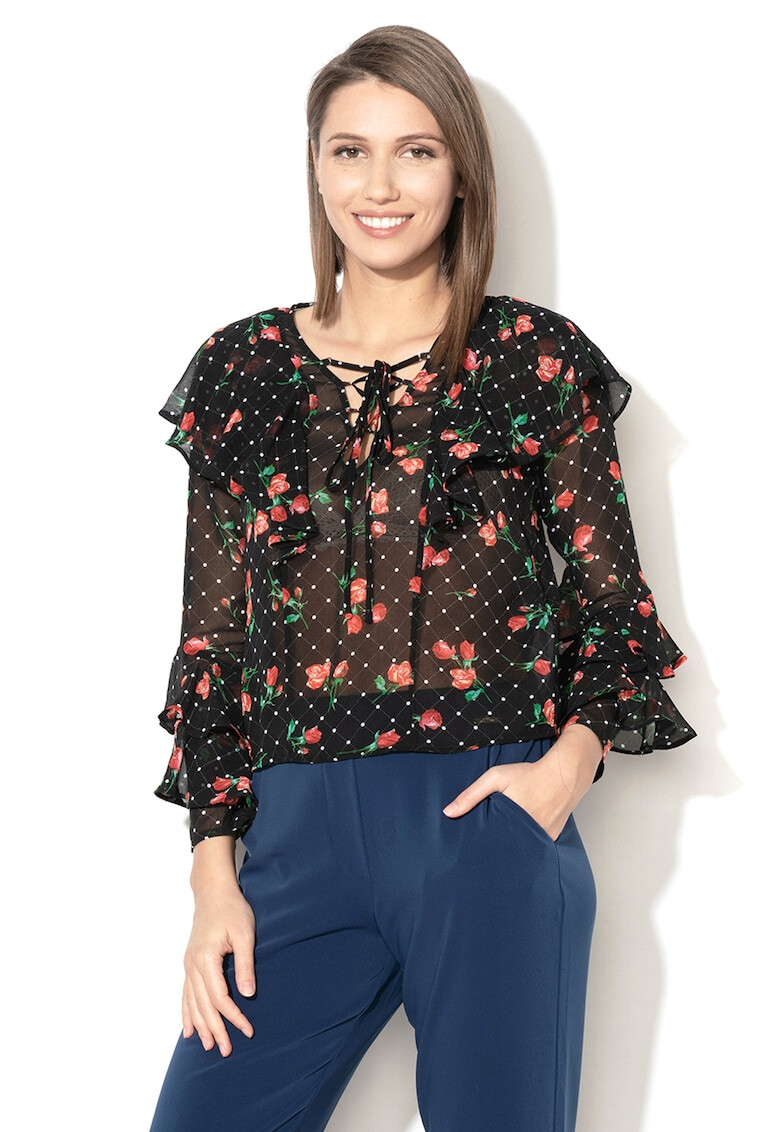 GUESS JEANS Bluza cu model floral si detalii cu volane - Pled.ro