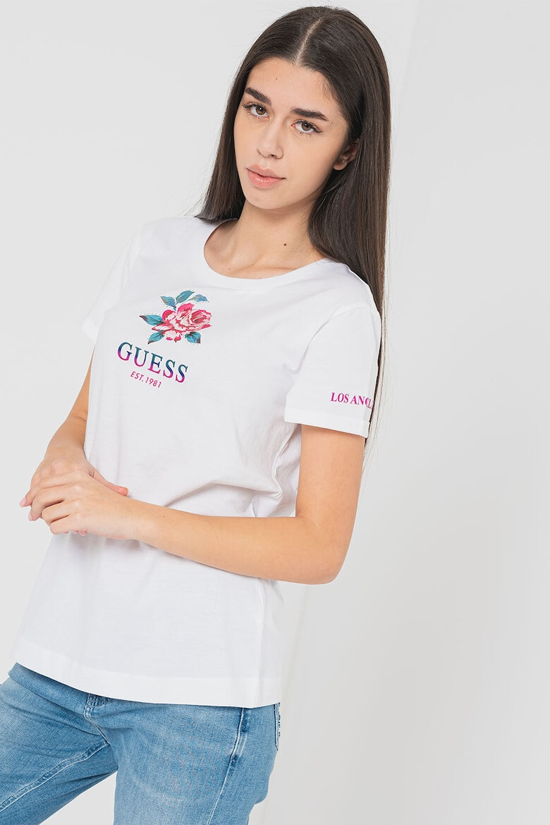 GUESS JEANS Tricou cu decolteu la baza gatului cu logo si imprimeu floral - Pled.ro