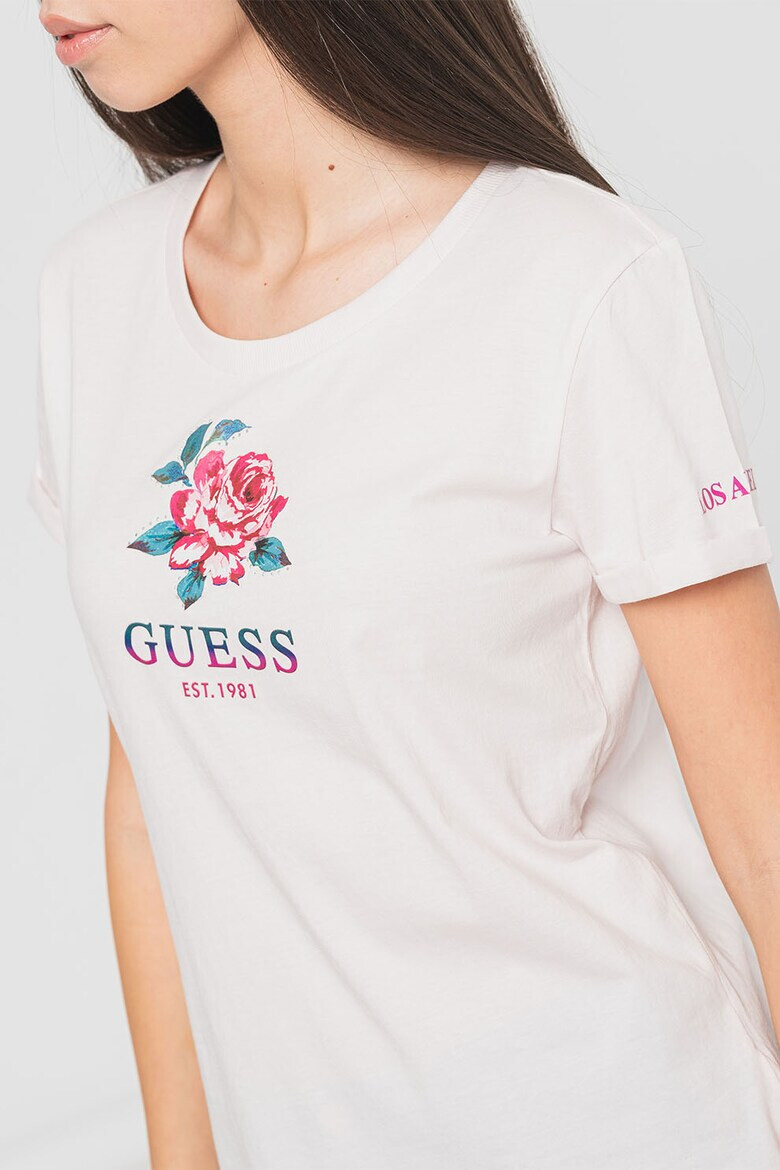 GUESS JEANS Tricou cu decolteu la baza gatului cu logo si imprimeu floral - Pled.ro