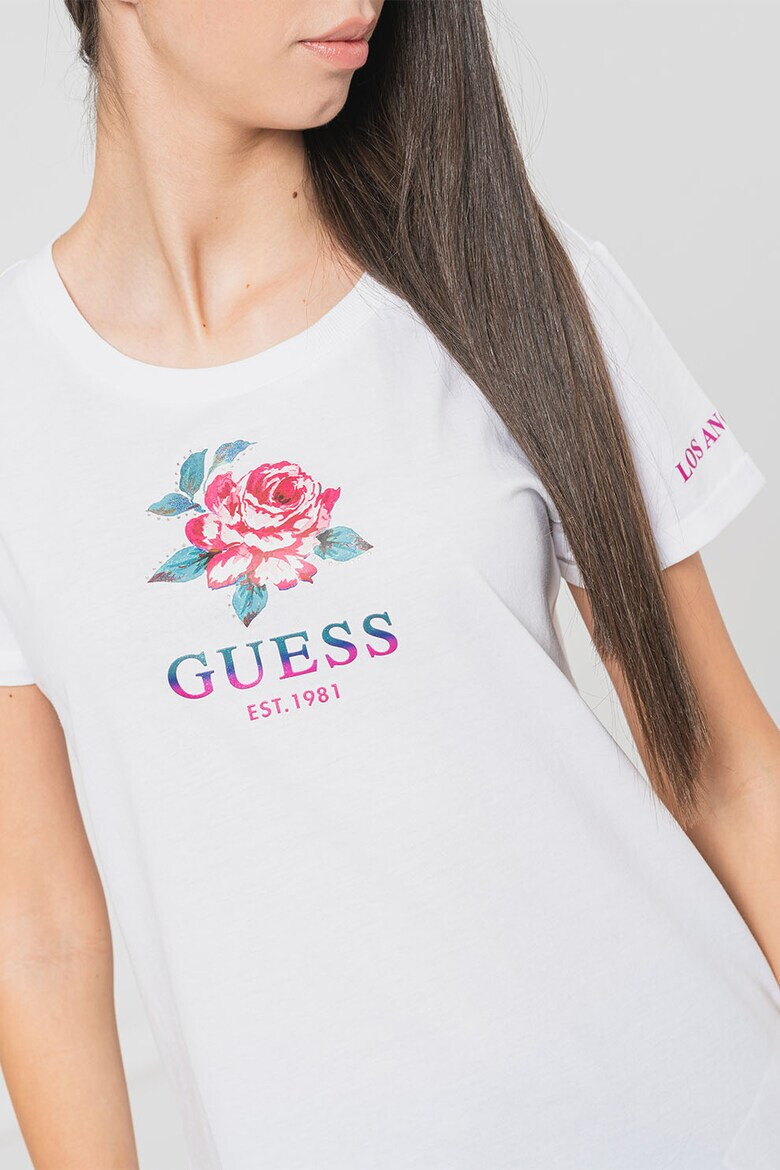 GUESS JEANS Tricou cu decolteu la baza gatului cu logo si imprimeu floral - Pled.ro