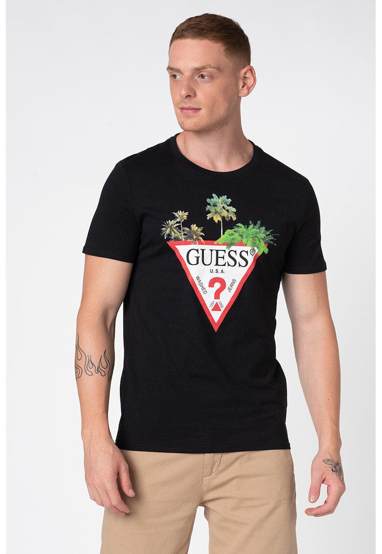 GUESS JEANS Tricou cu decolteu la baza gatului si imprimeu cauciucat - Pled.ro