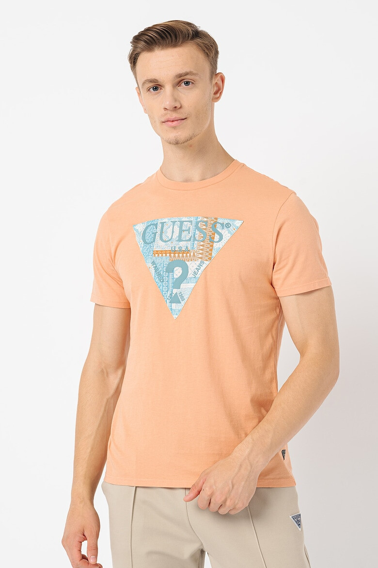 GUESS JEANS Tricou cu imprimeu logo si decolteu la baza gatului - Pled.ro