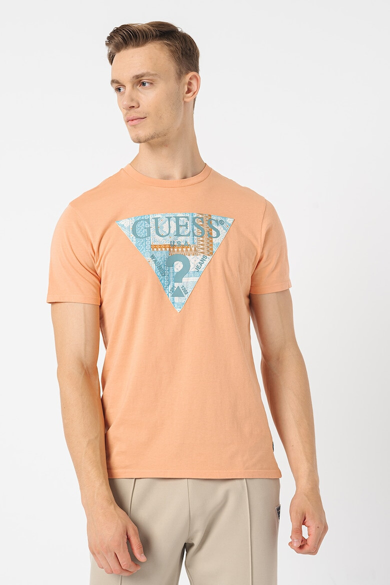 GUESS JEANS Tricou cu imprimeu logo si decolteu la baza gatului - Pled.ro