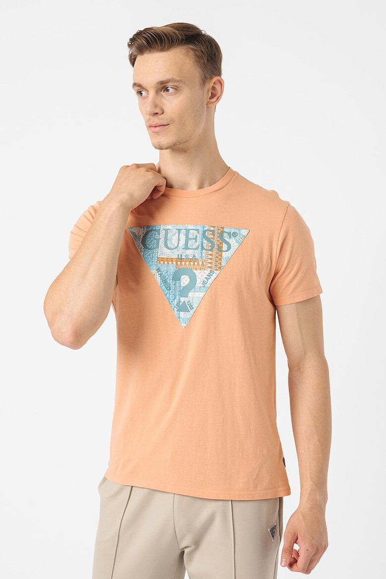 GUESS JEANS Tricou cu imprimeu logo si decolteu la baza gatului - Pled.ro