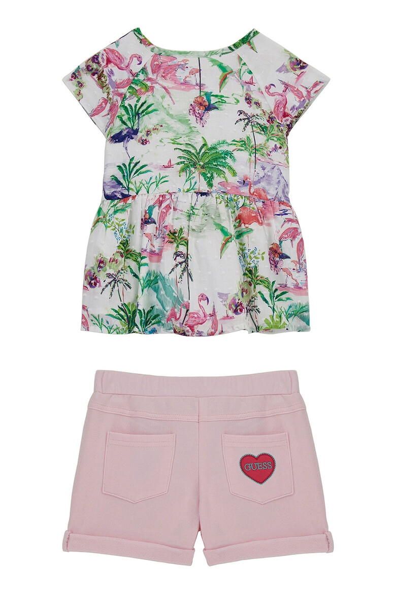 GUESS Set din bumbac de pantaloni scurti si bluza cu maneci scurte evazate cu imprimeu tropical - 2 piese - Pled.ro