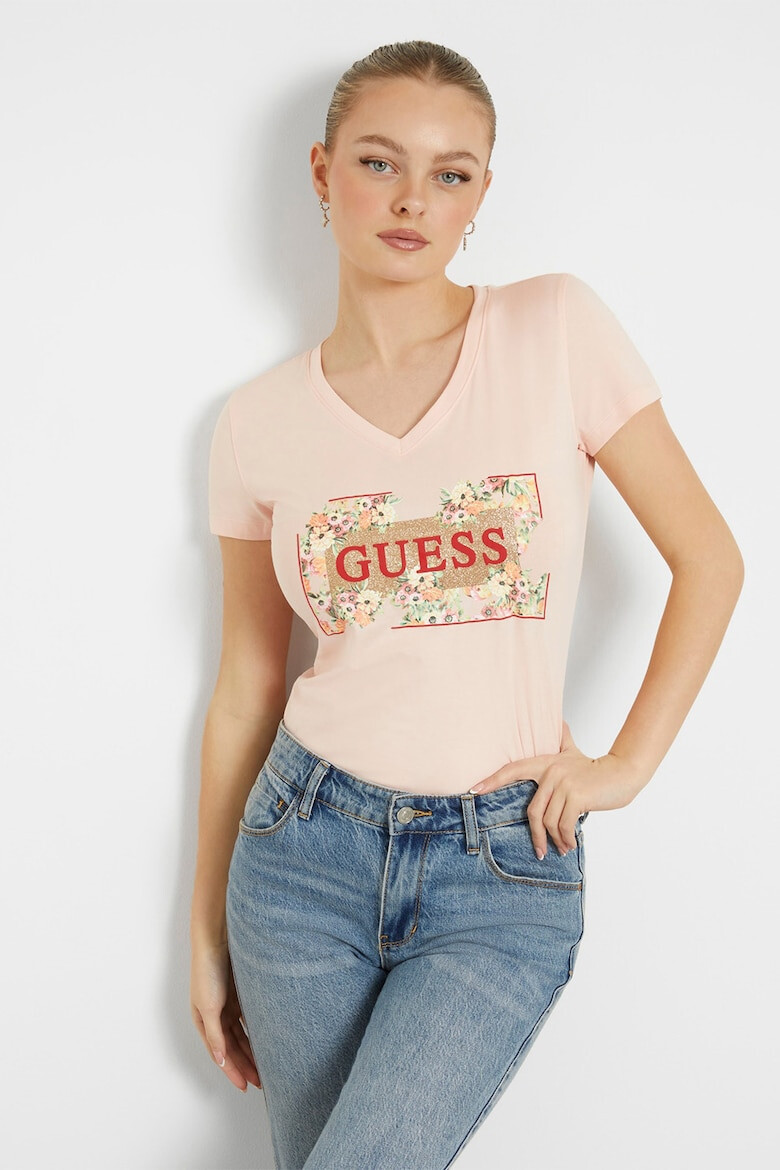 GUESS Tricou cu decolteu in V si imprimeu logo - Pled.ro