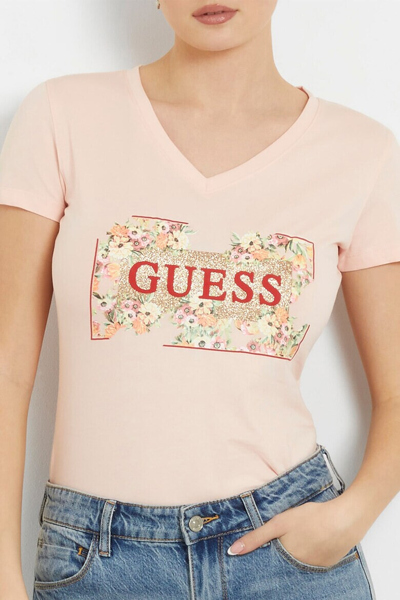 GUESS Tricou cu decolteu in V si imprimeu logo - Pled.ro