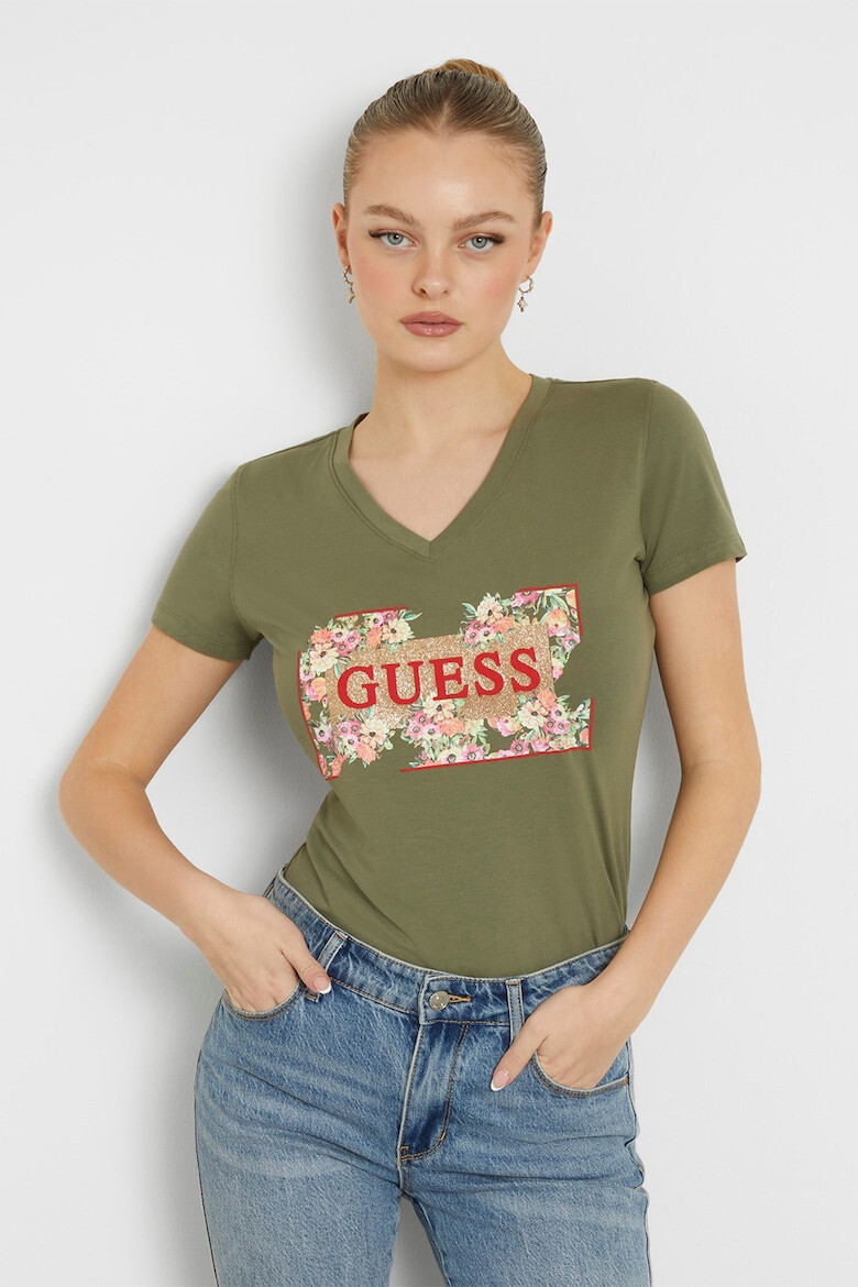 GUESS Tricou cu decolteu in V si imprimeu logo - Pled.ro