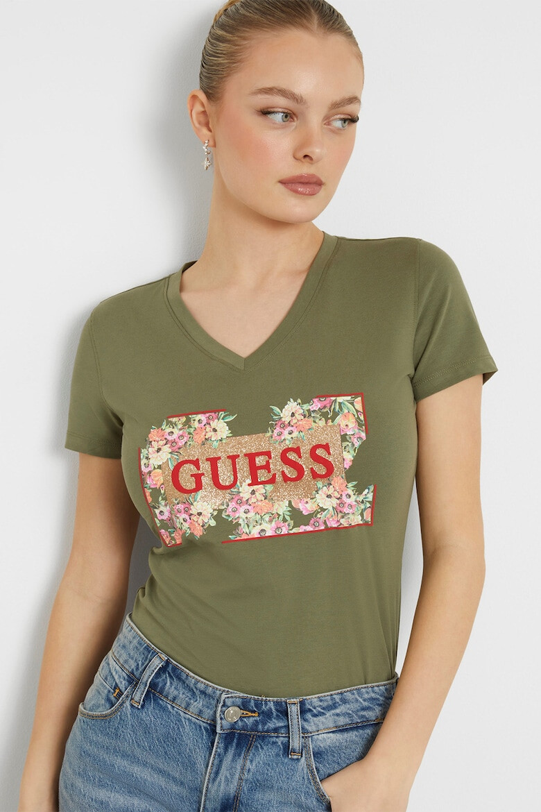 GUESS Tricou cu decolteu in V si imprimeu logo - Pled.ro