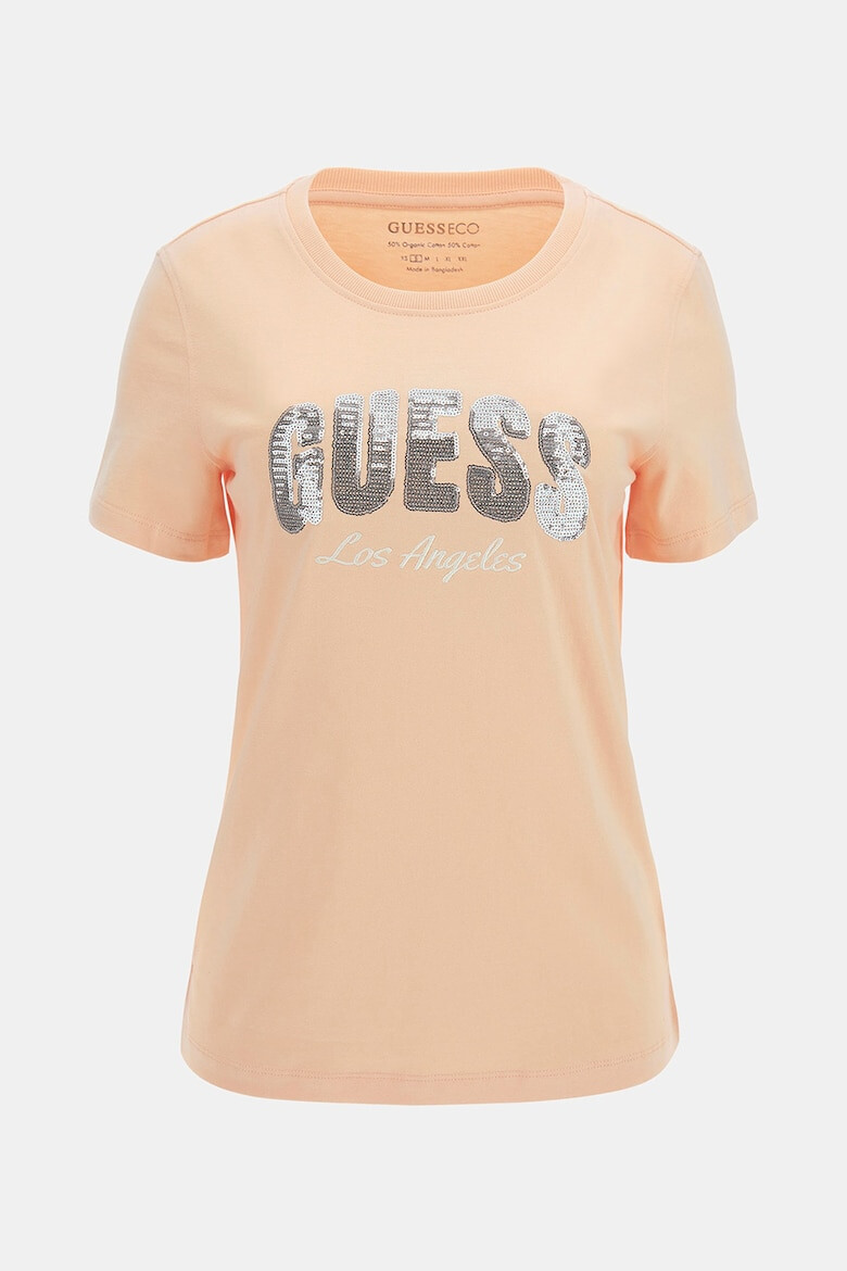 GUESS Tricou cu decolteu la baza gatului si logo din paiete - Pled.ro