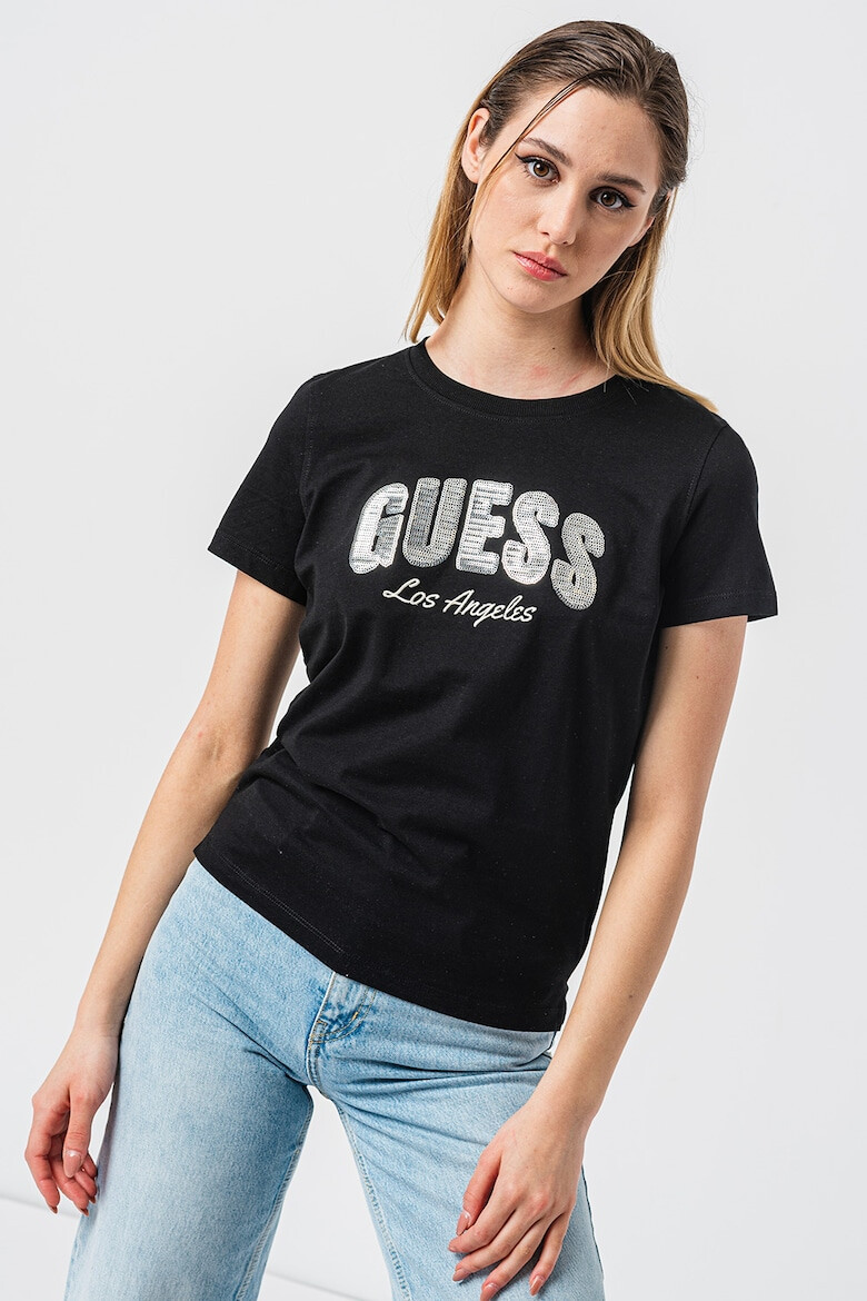 GUESS Tricou cu decolteu la baza gatului si logo din paiete - Pled.ro