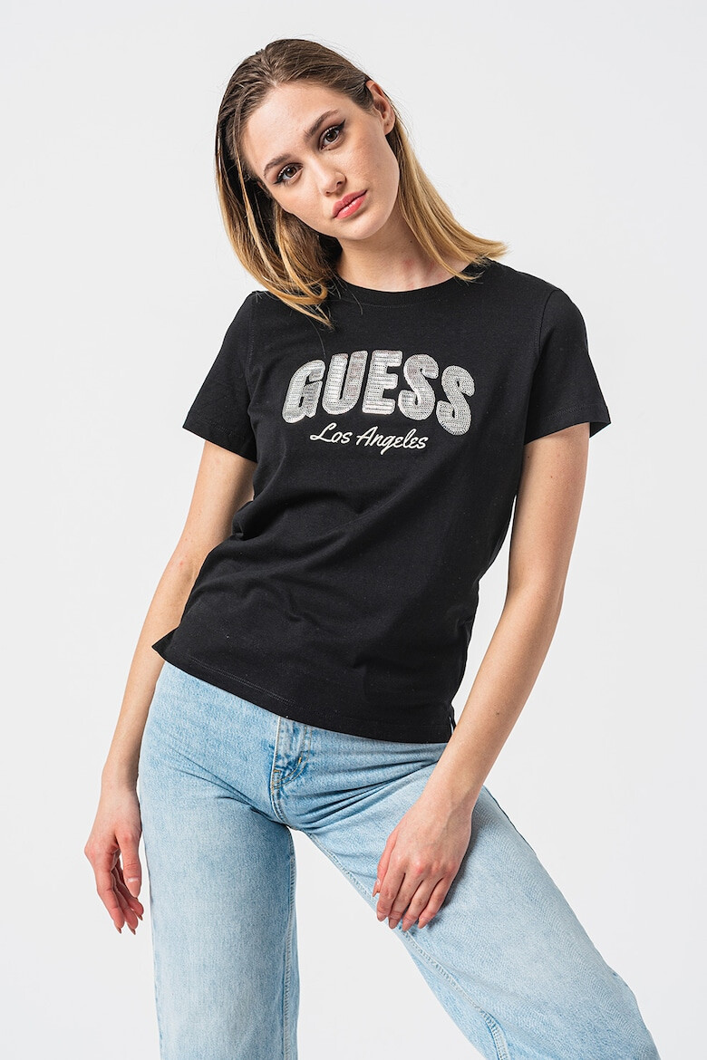 GUESS Tricou cu decolteu la baza gatului si logo din paiete - Pled.ro