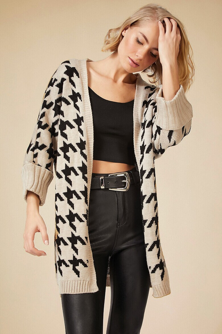 Happiness İstanbul Cardigan cu imprimeu houndstooth fara inchidere - Pled.ro