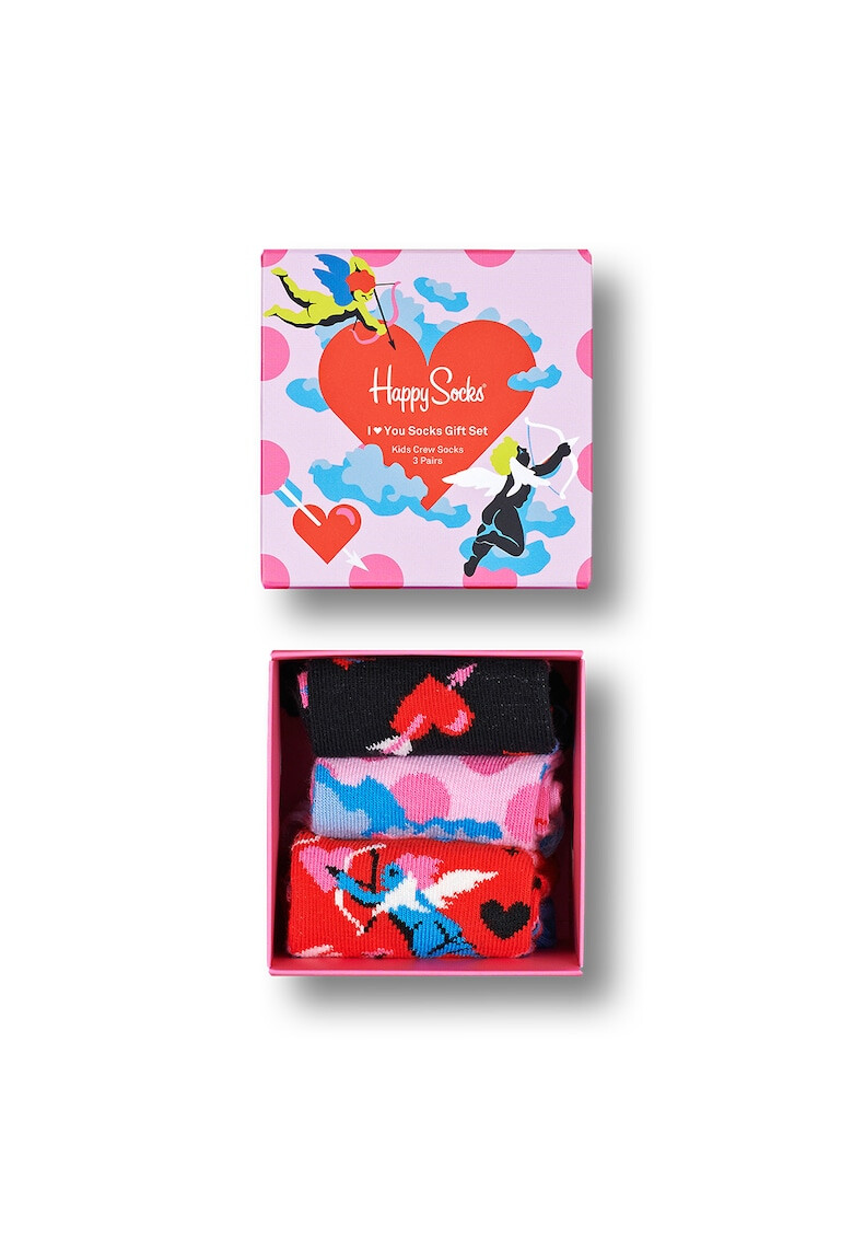 Happy Socks Set 3 perechi de sosete unisex cu imprimeu Cupidon Rosu/Roz/Negru - Pled.ro