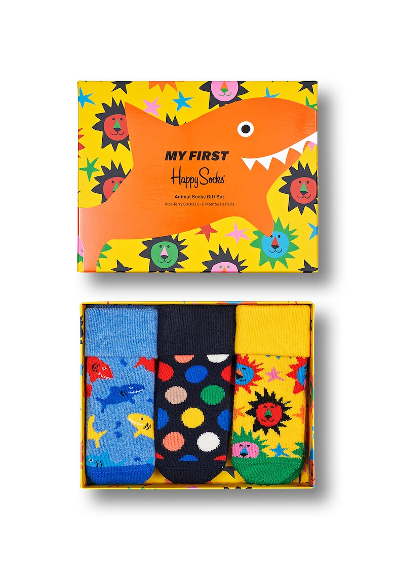 Happy Socks Set 3 perechi de sosete scurte unisex cu imprimeuri diverse Albastru/Galben/Verde - Pled.ro